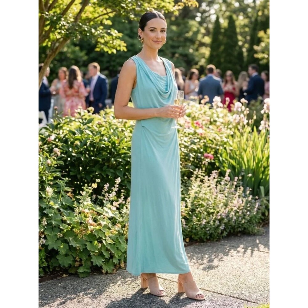 ONNO Aqua Blue Draped Cowl Neck Maxi Dress Size Small